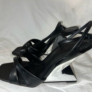 SCHUTZ Black Leather Slingback Wedges with Metallic Silver Heel